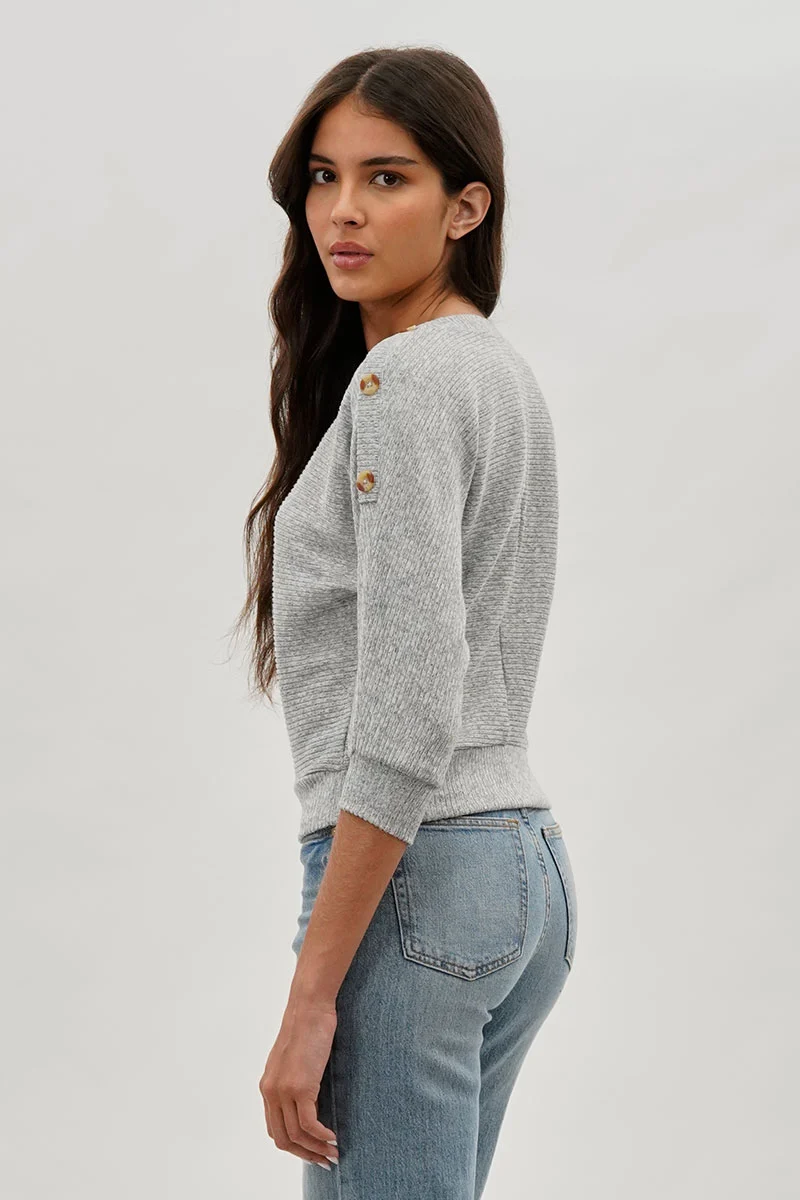 Ribbed Button Detail Pullover Sweater - Grey - Image 3