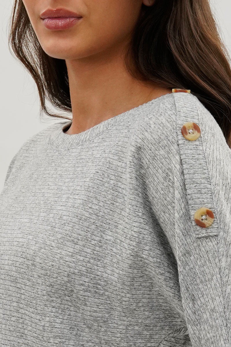 Ribbed Button Detail Pullover Sweater - Grey - Image 4