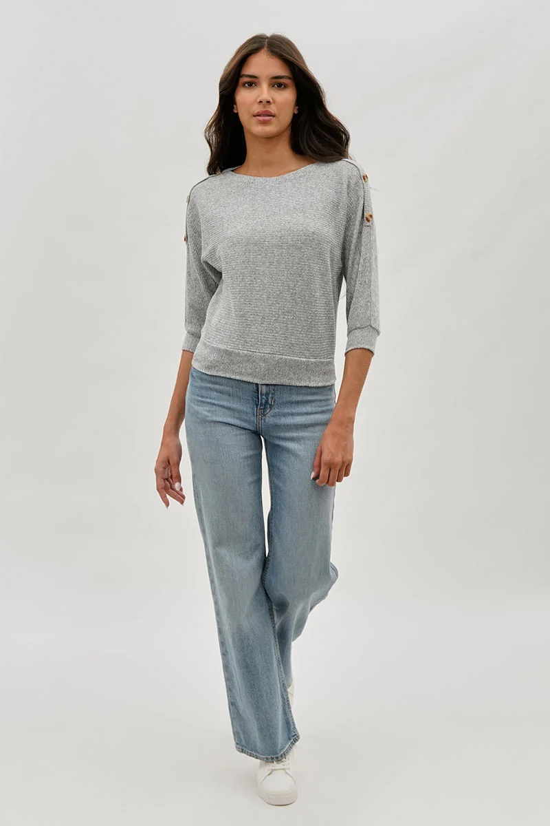 Ribbed Button Detail Pullover Sweater - Grey - Image 5