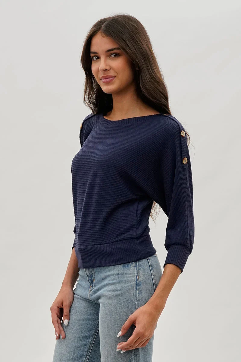 Ribbed Button Detail Pullover Sweater - Navy - Image 2