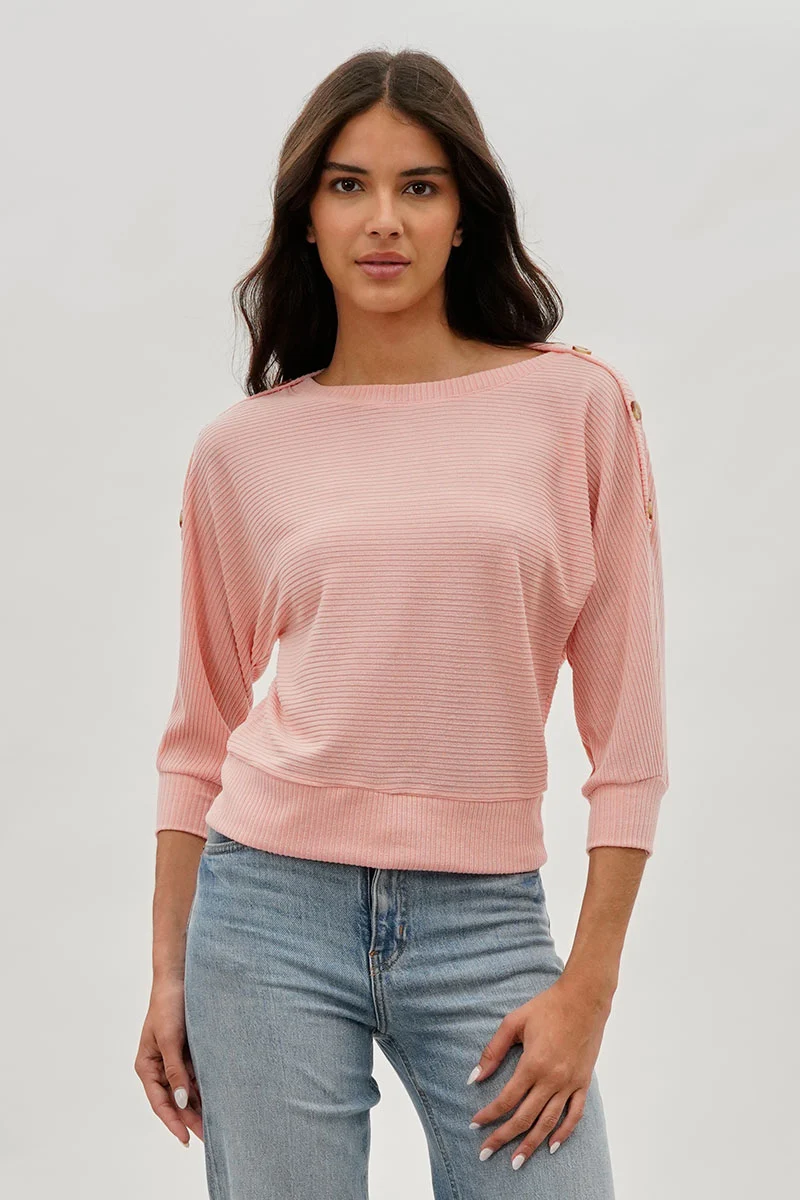 Ribbed Button Detail Pullover Sweater - Pink