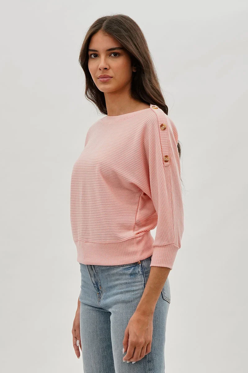 Ribbed Button Detail Pullover Sweater - Pink - Image 2