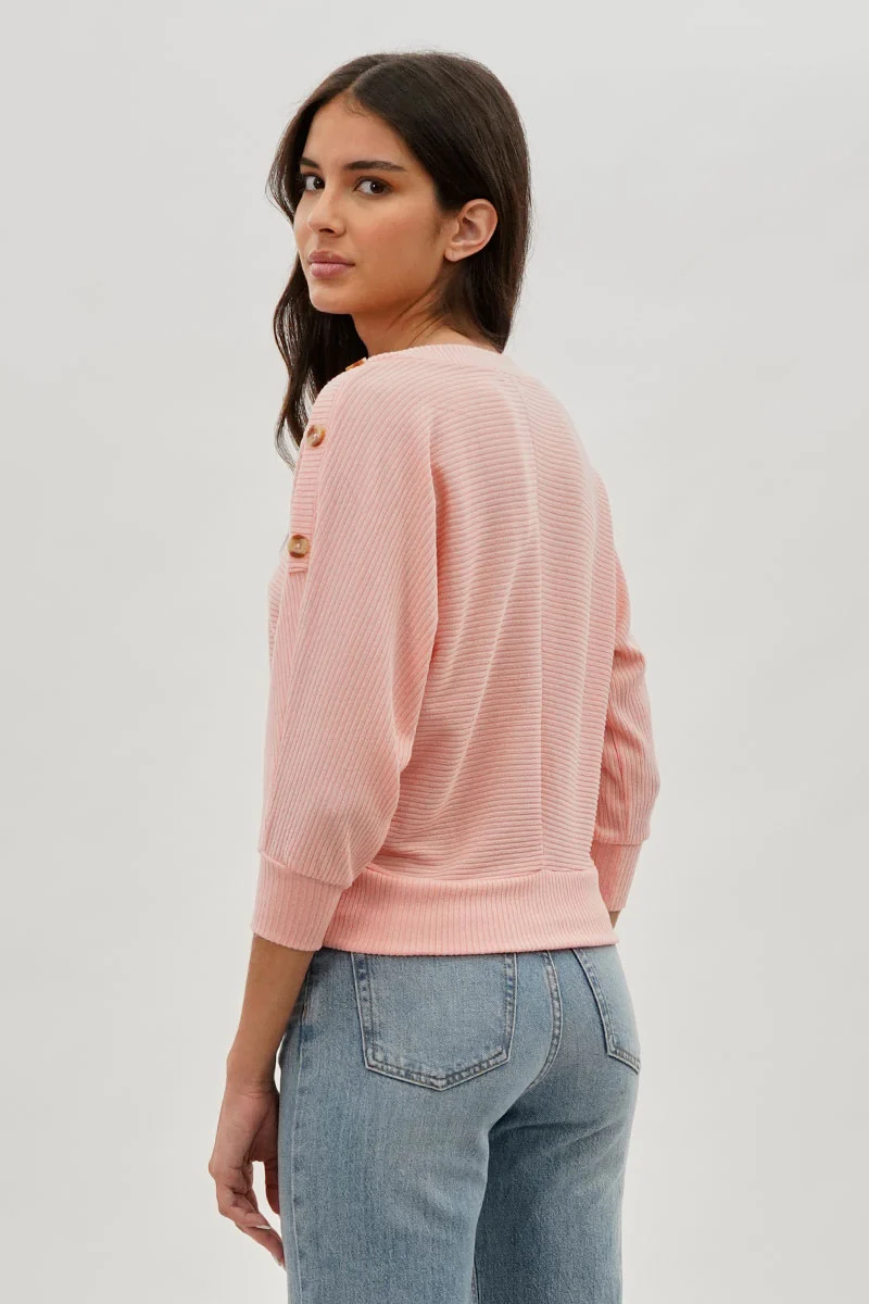 Ribbed Button Detail Pullover Sweater - Pink - Image 3
