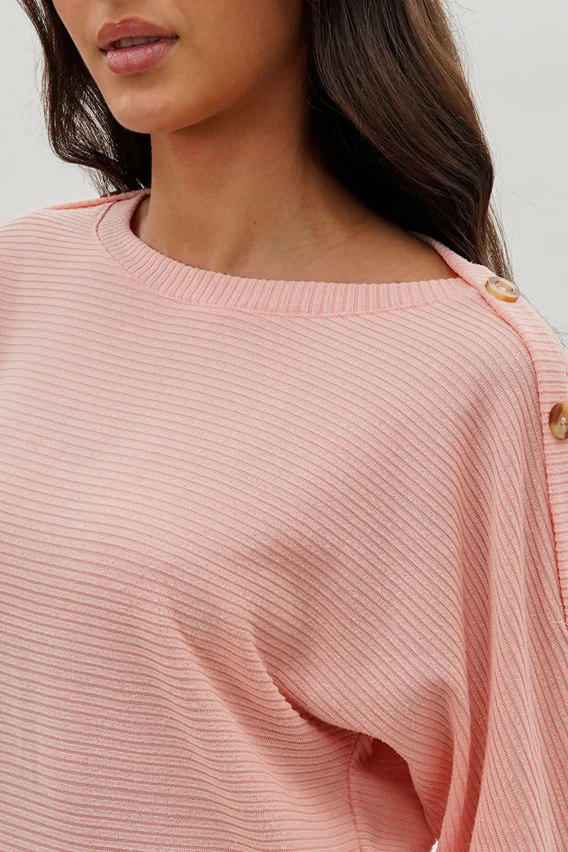 Ribbed Button Detail Pullover Sweater - Pink - Image 4