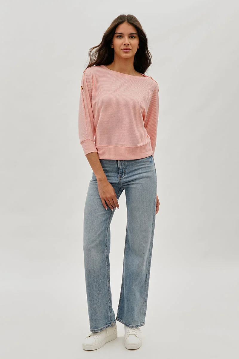 Ribbed Button Detail Pullover Sweater - Pink - Image 5