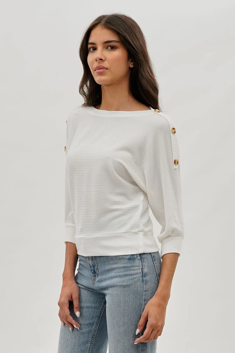 Ribbed Button Detail Pullover Sweater - White - Image 2