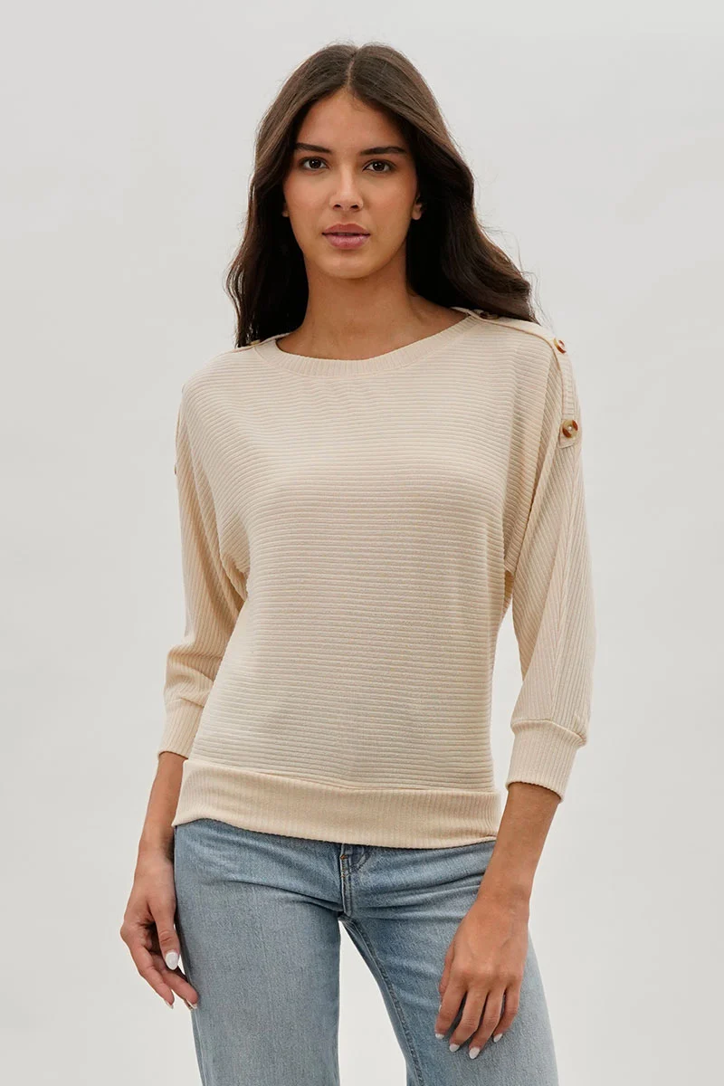 Ribbed Button Detail Pullover Sweater - Cream