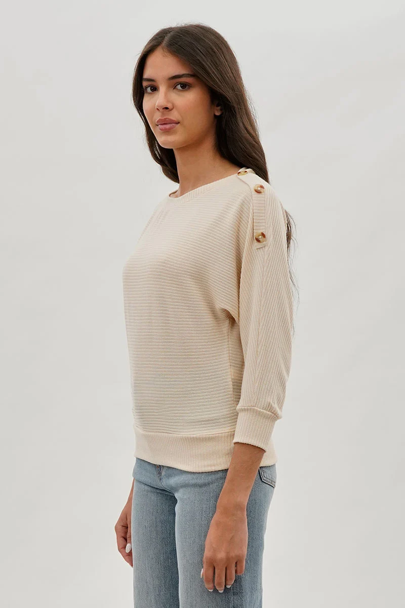 Ribbed Button Detail Pullover Sweater - Cream - Image 2