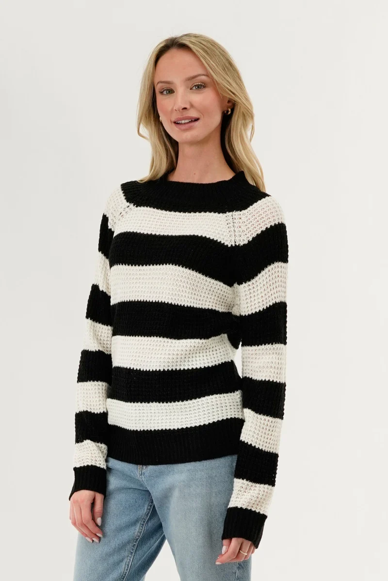 Striped Knit Crewneck Pullover Sweater - Black - Image 2