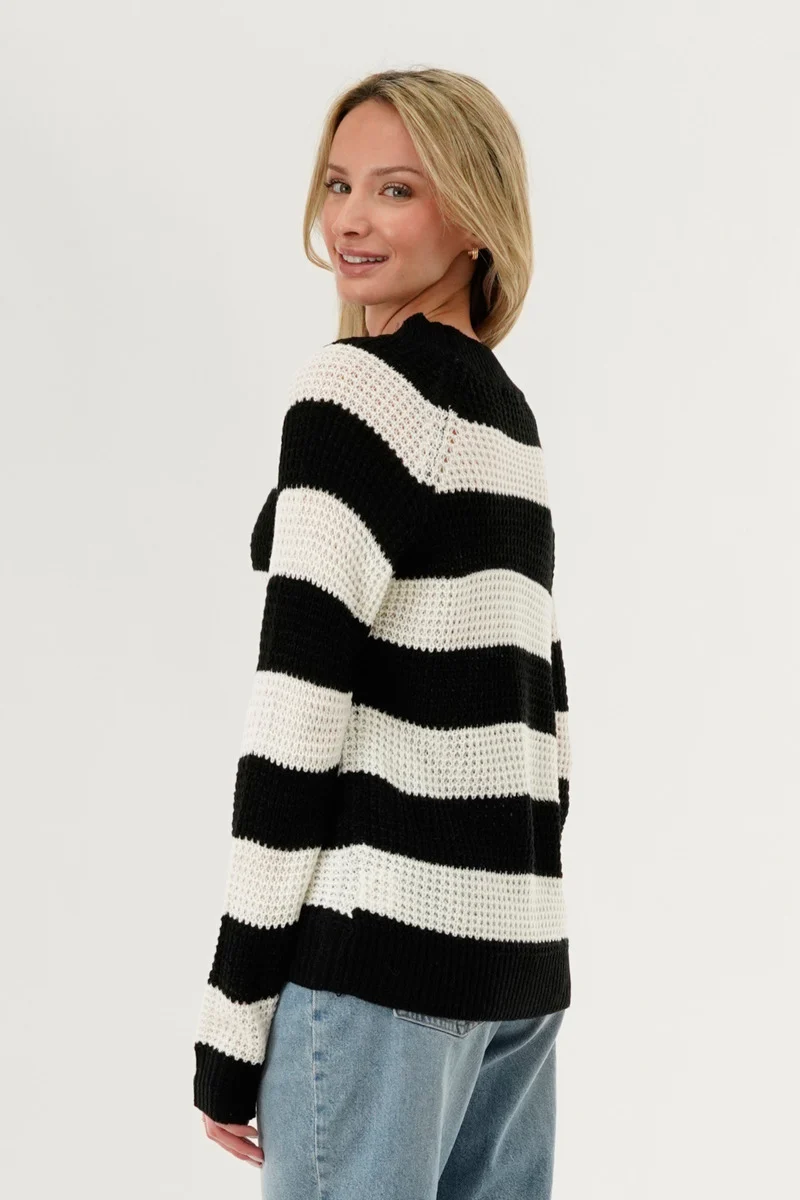 Striped Knit Crewneck Pullover Sweater - Black - Image 3