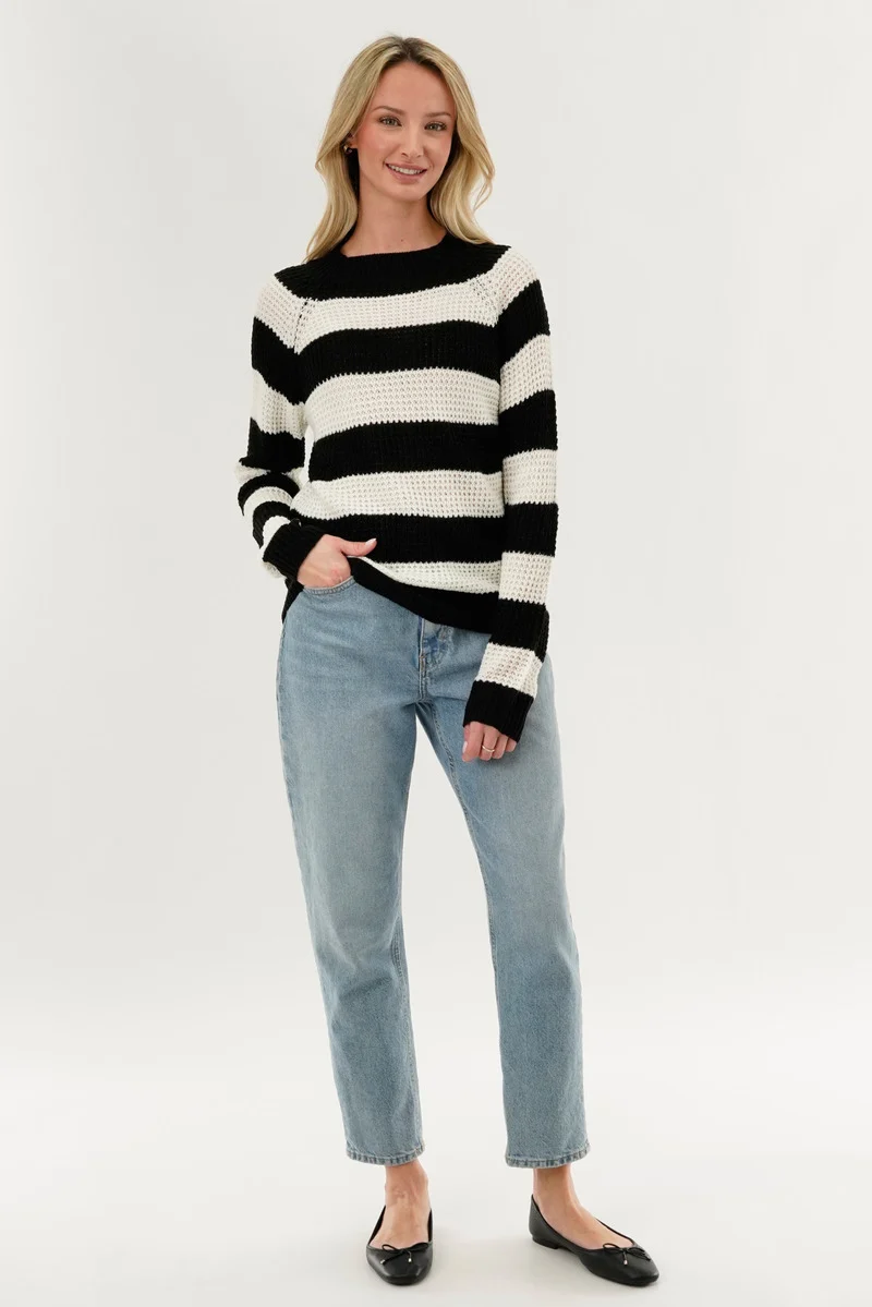 Striped Knit Crewneck Pullover Sweater - Black - Image 5
