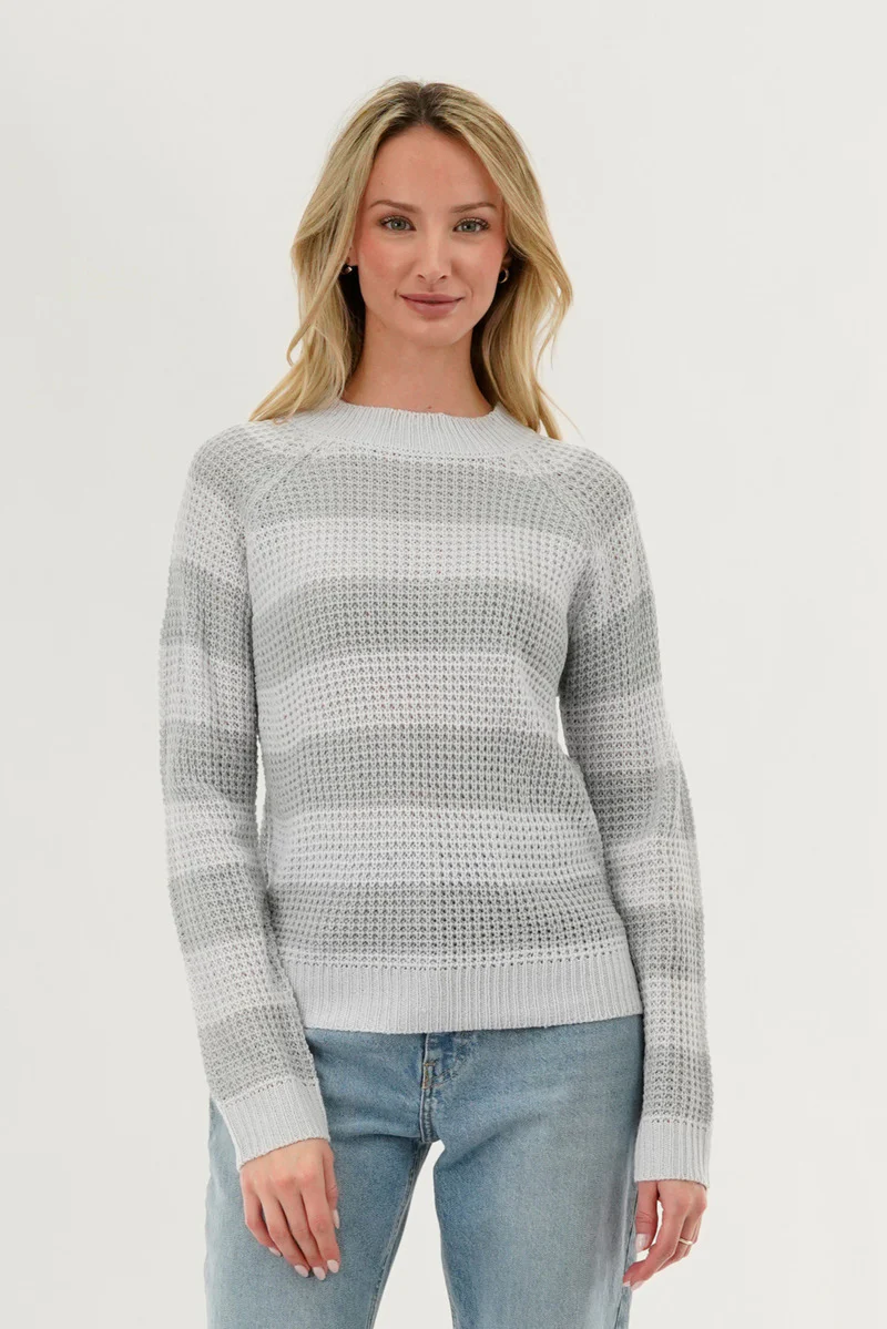 Striped Knit Crewneck Pullover Sweater - Grey