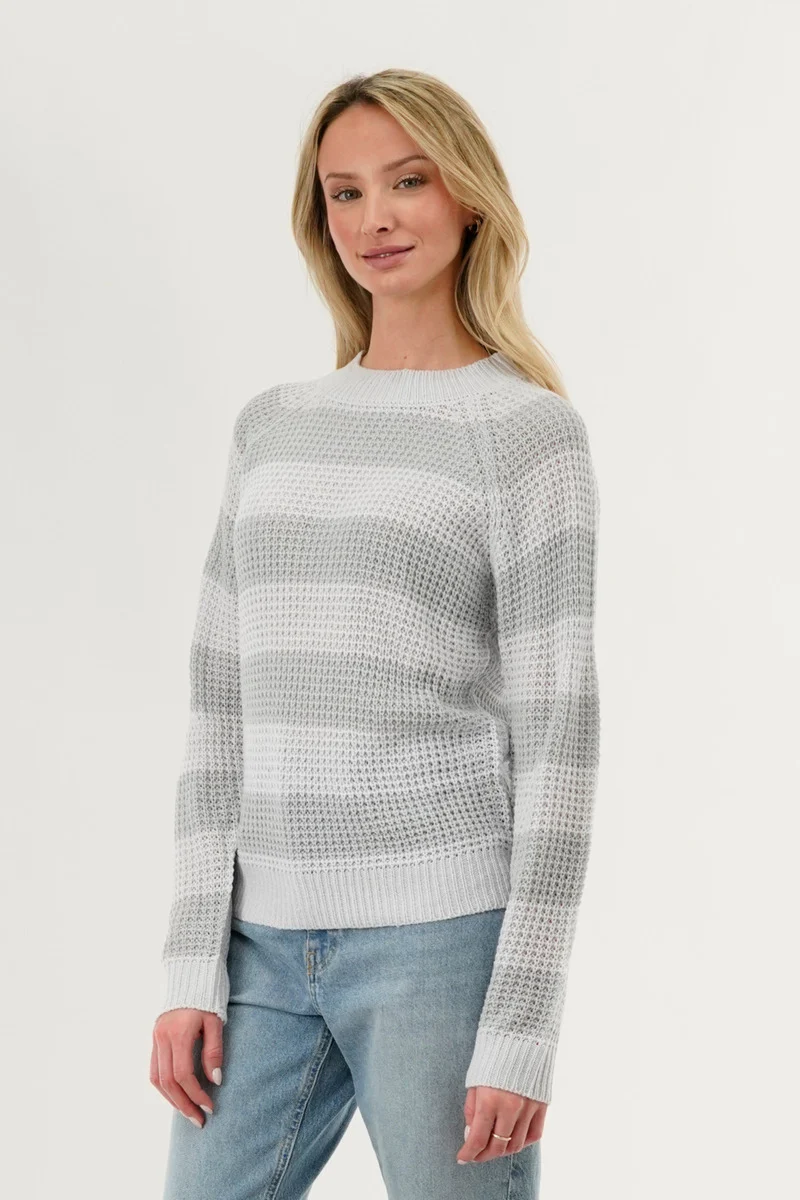 Striped Knit Crewneck Pullover Sweater - Grey - Image 2