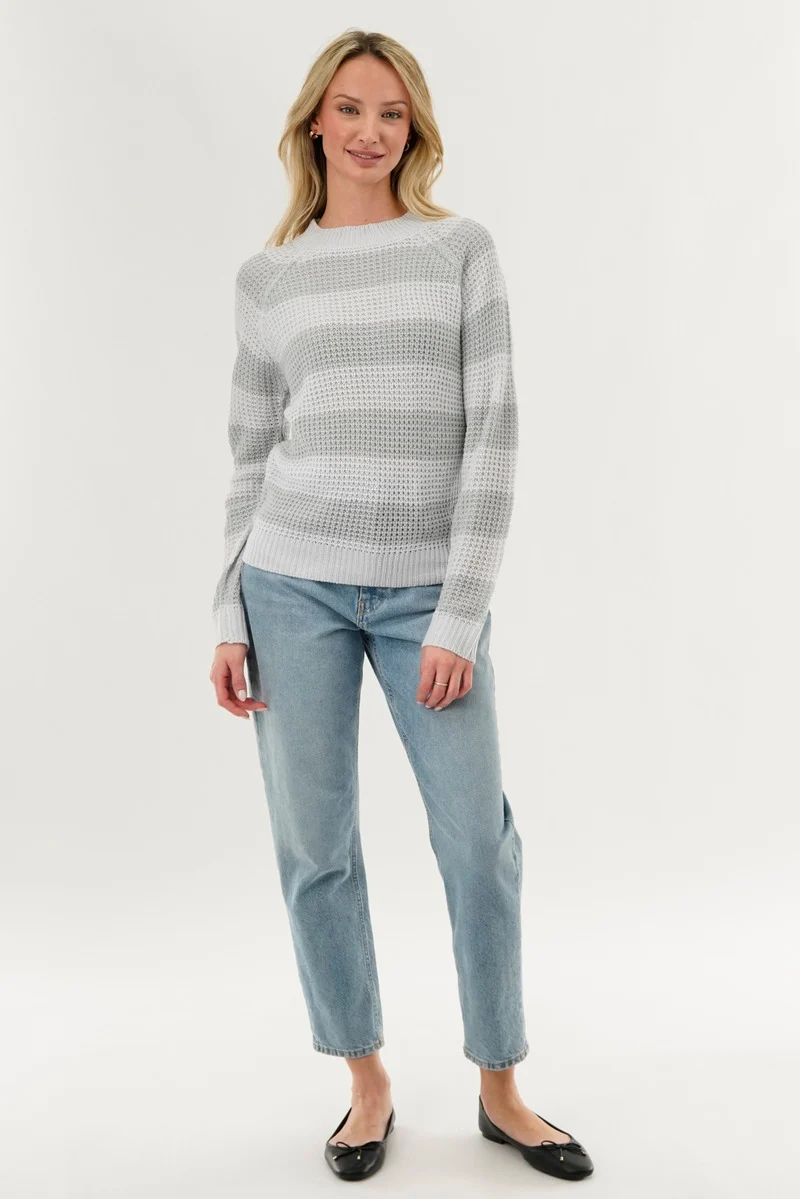 Striped Knit Crewneck Pullover Sweater - Grey - Image 5