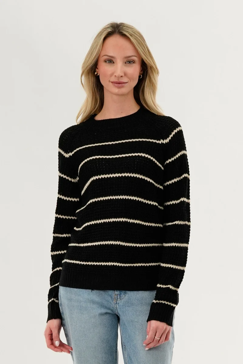 Striped Knit Crewneck Pullover Sweater - Black