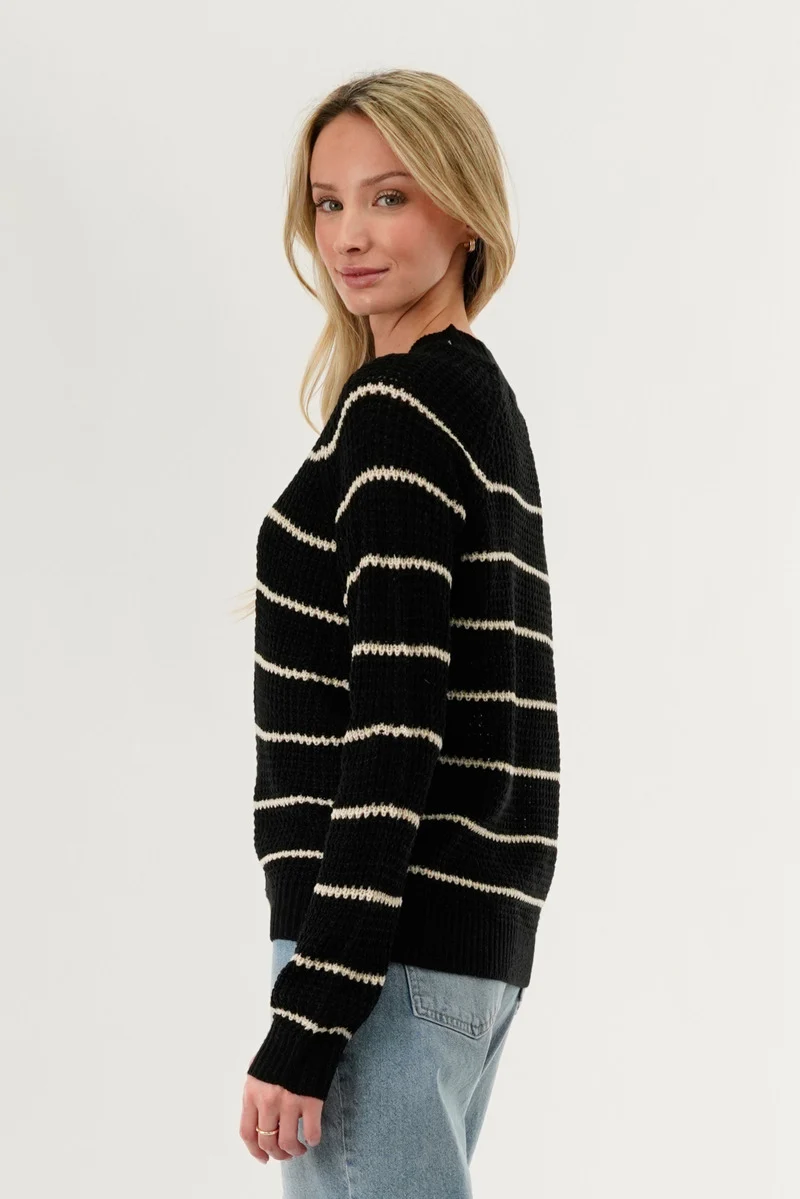 Striped Knit Crewneck Pullover Sweater - Black - Image 3