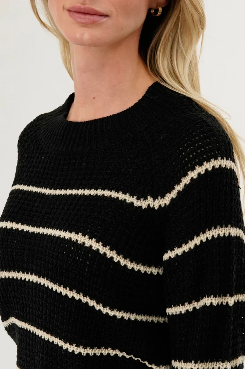 Striped Knit Crewneck Pullover Sweater - Black - Image 4