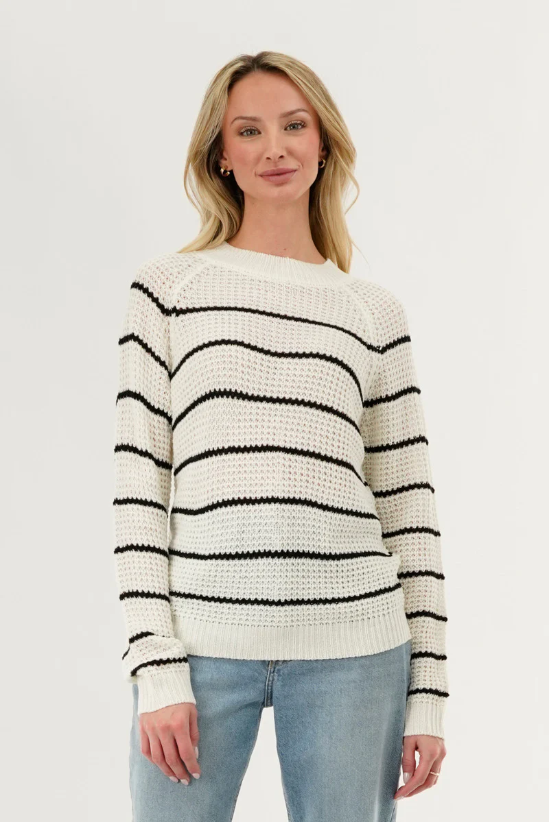 Striped Knit Crewneck Pullover Sweater - White