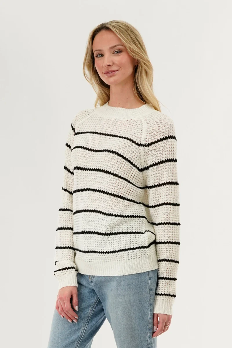 Striped Knit Crewneck Pullover Sweater - White - Image 2