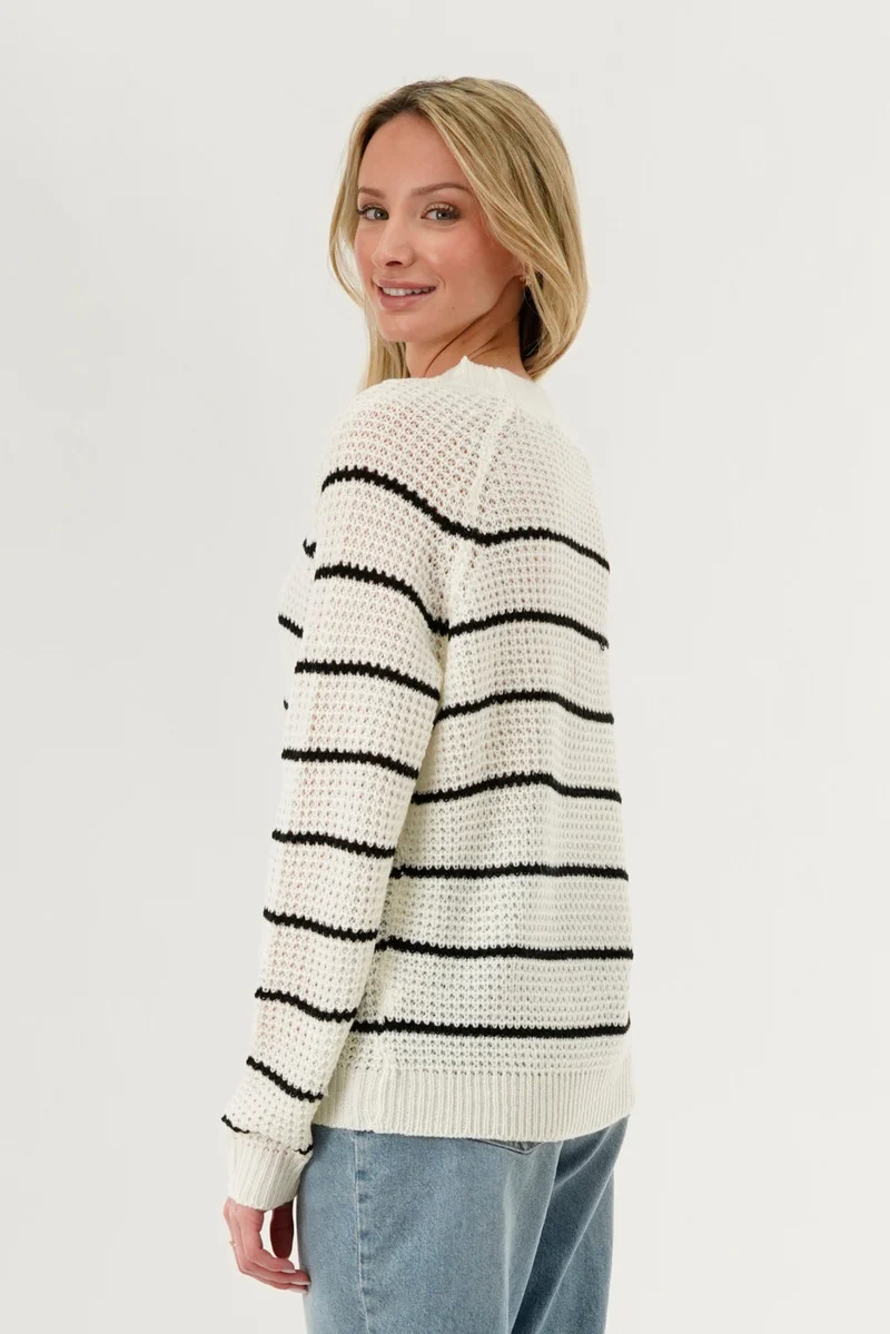 Striped Knit Crewneck Pullover Sweater - White - Image 3