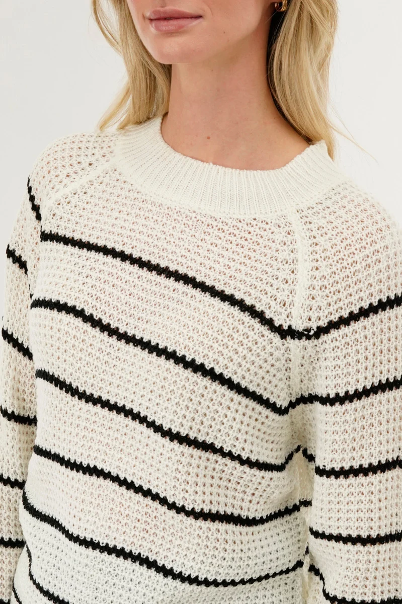 Striped Knit Crewneck Pullover Sweater - White - Image 4