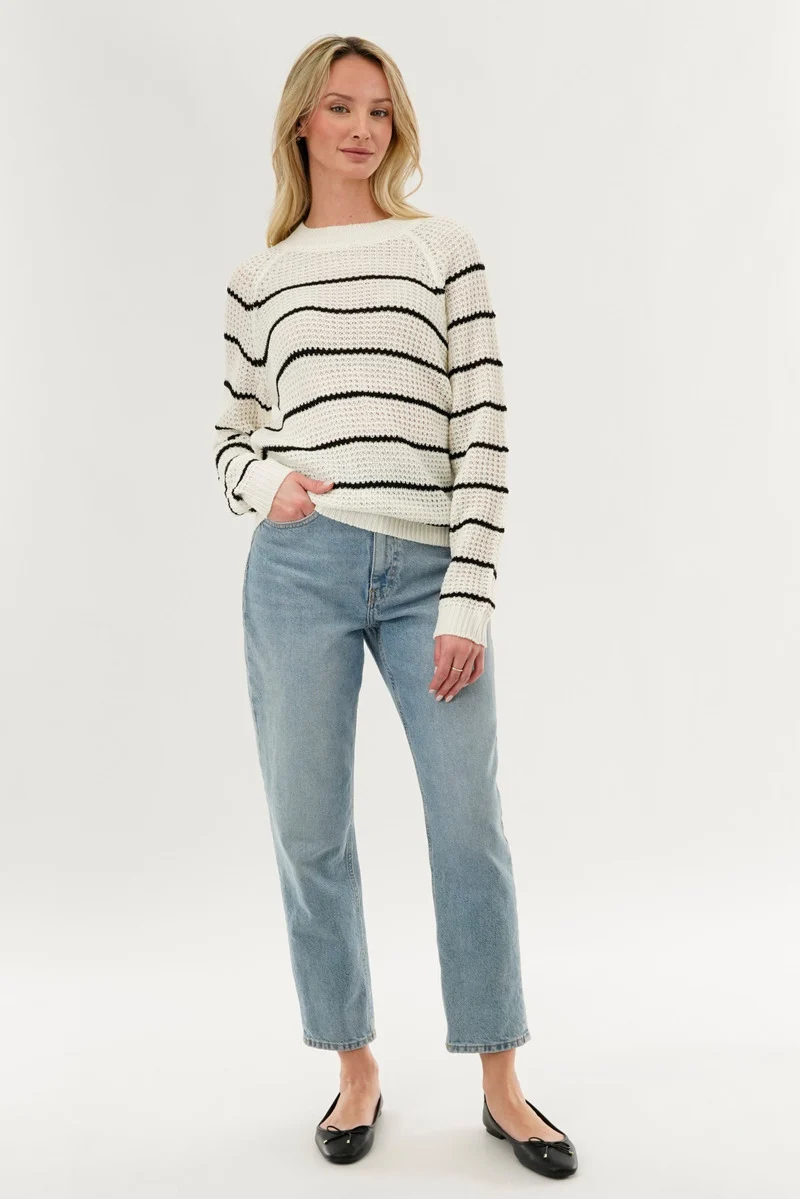 Striped Knit Crewneck Pullover Sweater - White - Image 5
