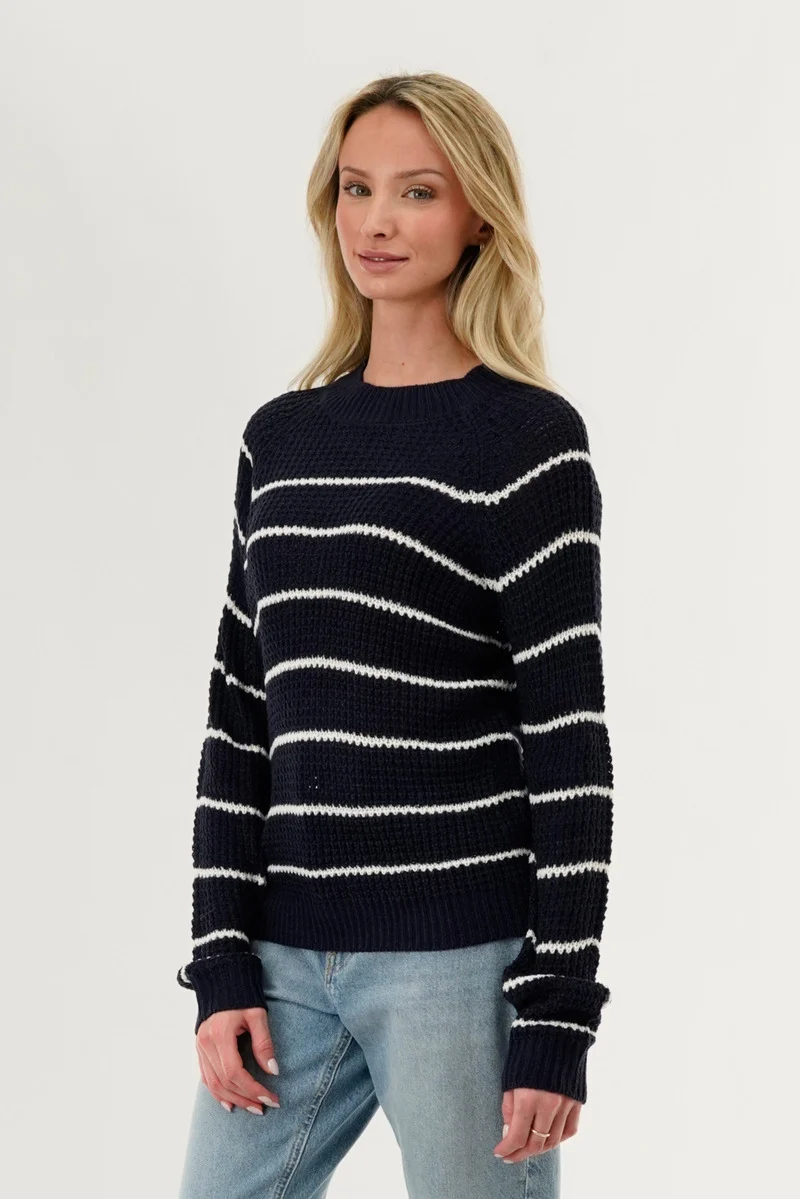 Striped Knit Crewneck Pullover Sweater - Navy - Image 2