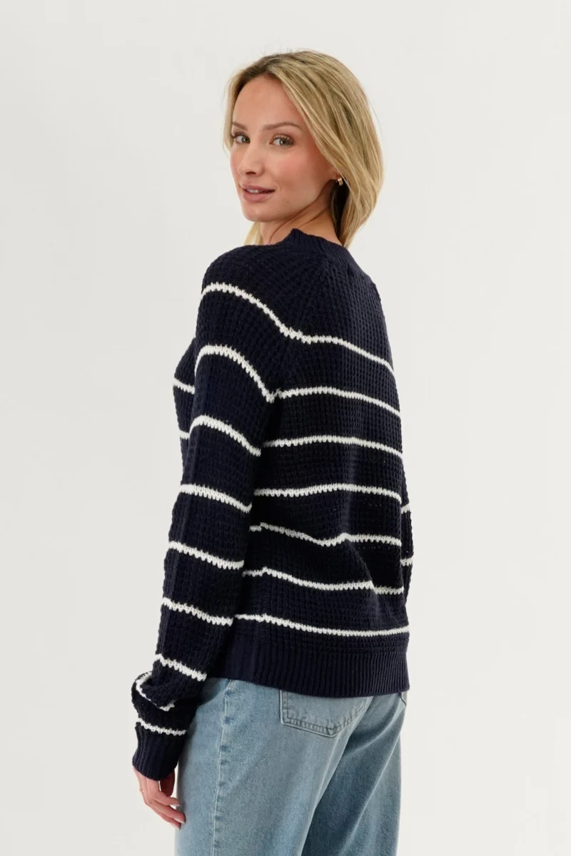 Striped Knit Crewneck Pullover Sweater - Navy - Image 3