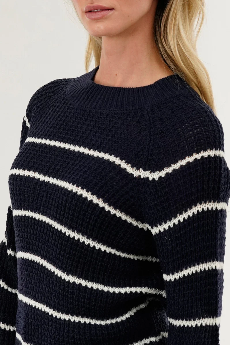 Striped Knit Crewneck Pullover Sweater - Navy - Image 4