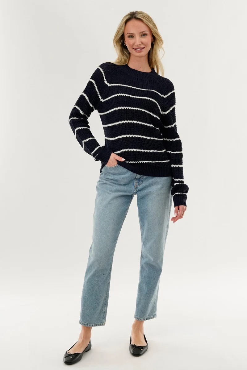 Striped Knit Crewneck Pullover Sweater - Navy - Image 5
