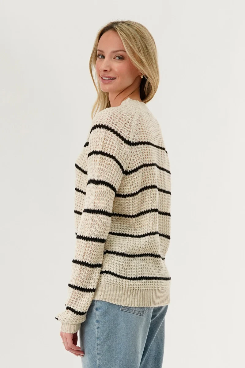 Striped Knit Crewneck Pullover Sweater - Cream - Image 3