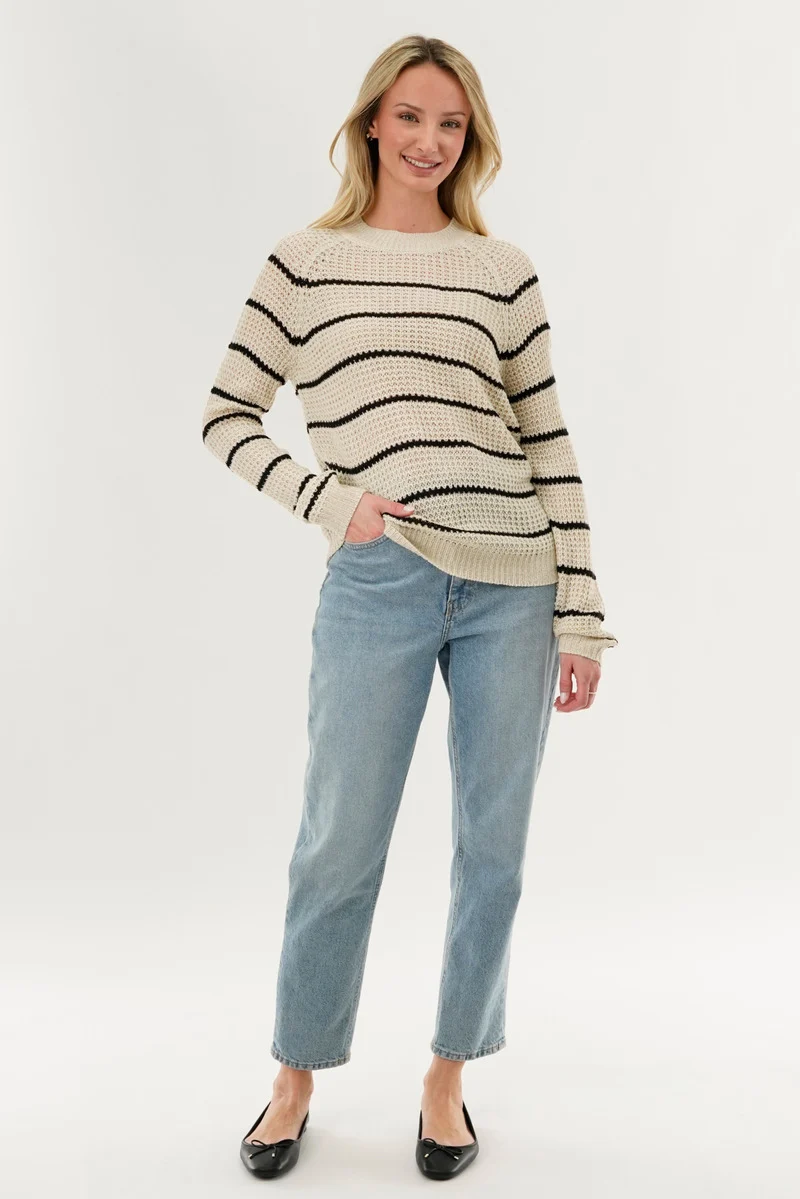 Striped Knit Crewneck Pullover Sweater - Cream - Image 5
