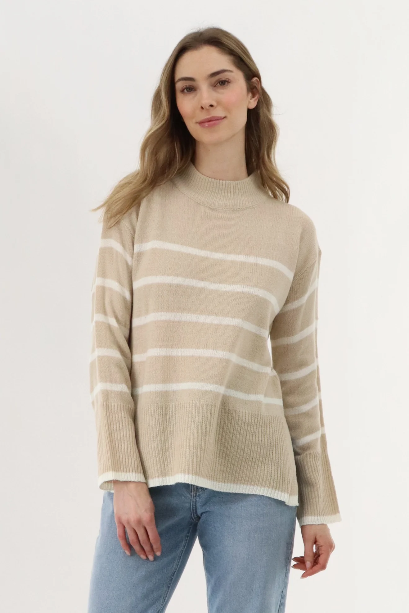 Striped Knit Pullover Sweater - Beige