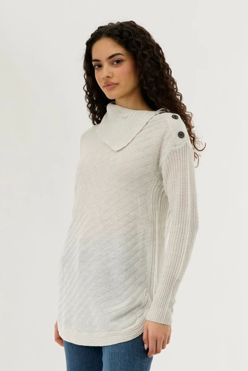 High Neck Pullover Sweater - Cream - Image 2