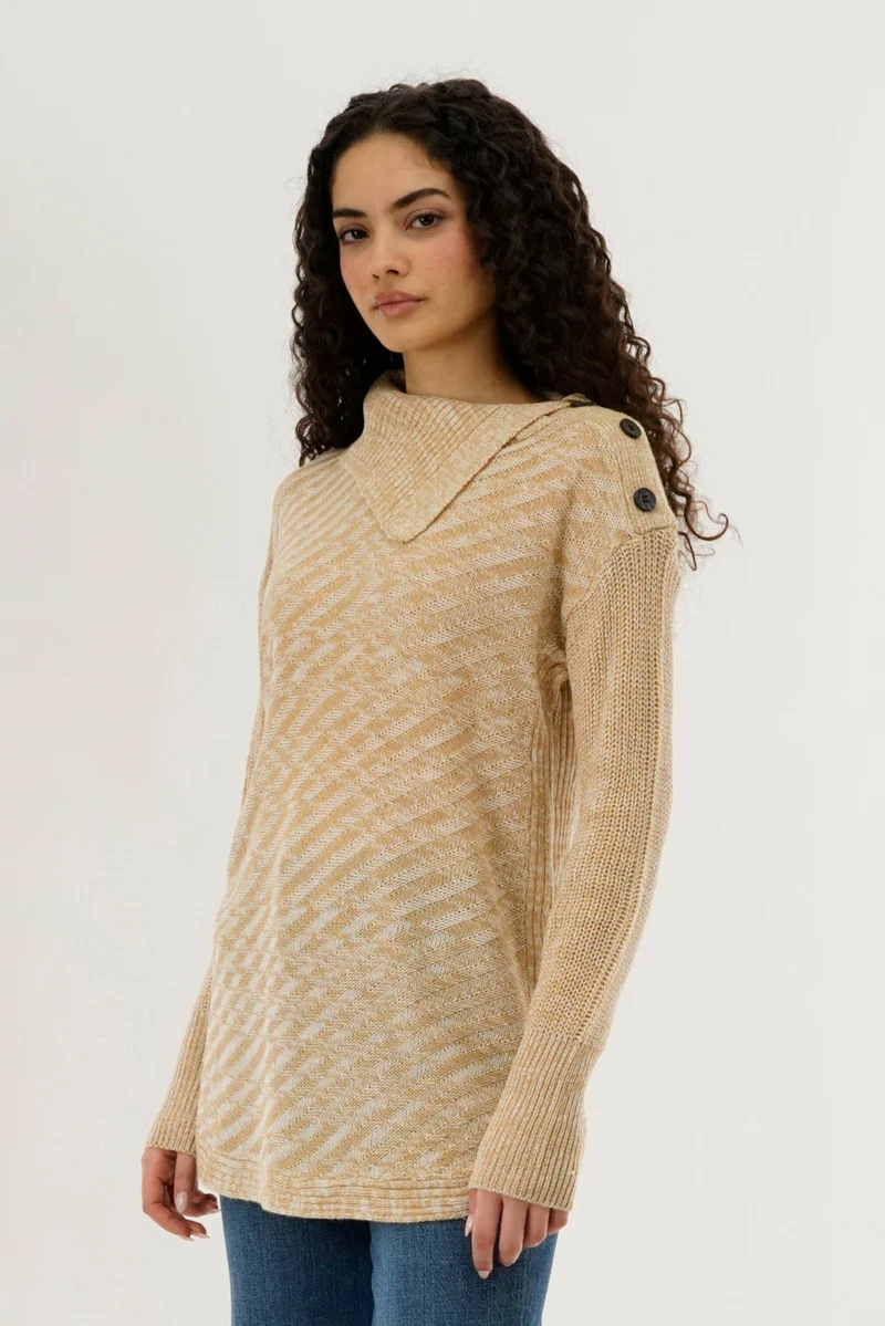High Neck Pullover Sweater - Beige - Image 2