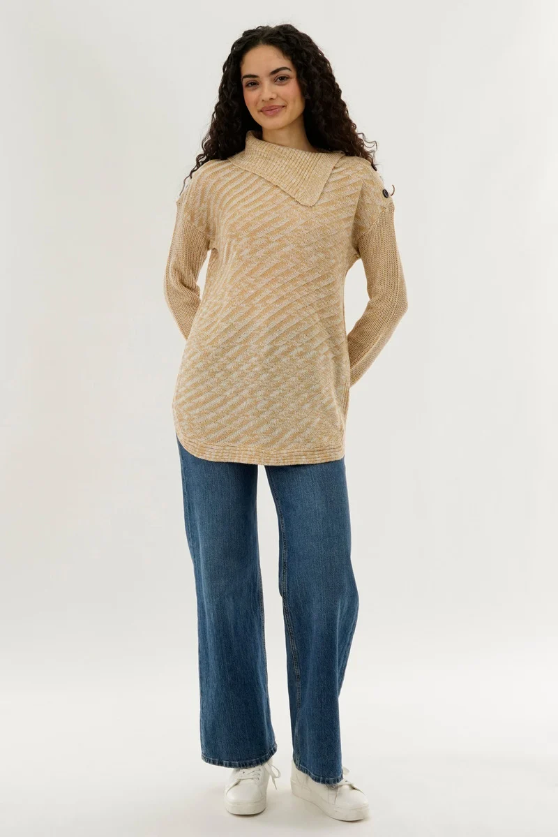 High Neck Pullover Sweater - Beige - Image 5