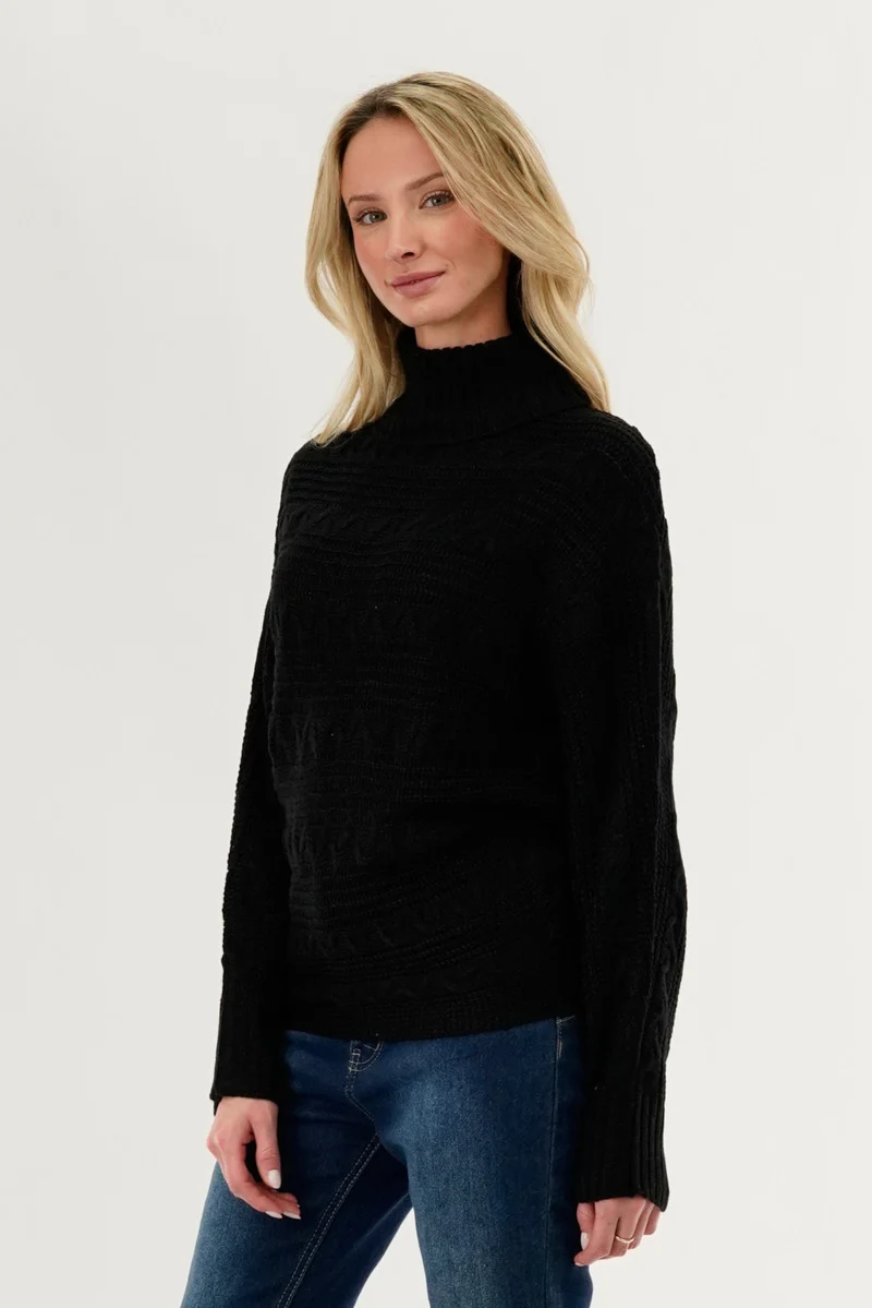 Cable Knit Mock Neck Pullover Sweater - Black - Image 2