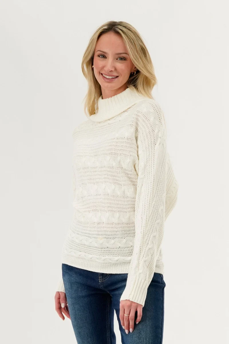 Cable Knit Mock Neck Pullover Sweater - White - Image 2