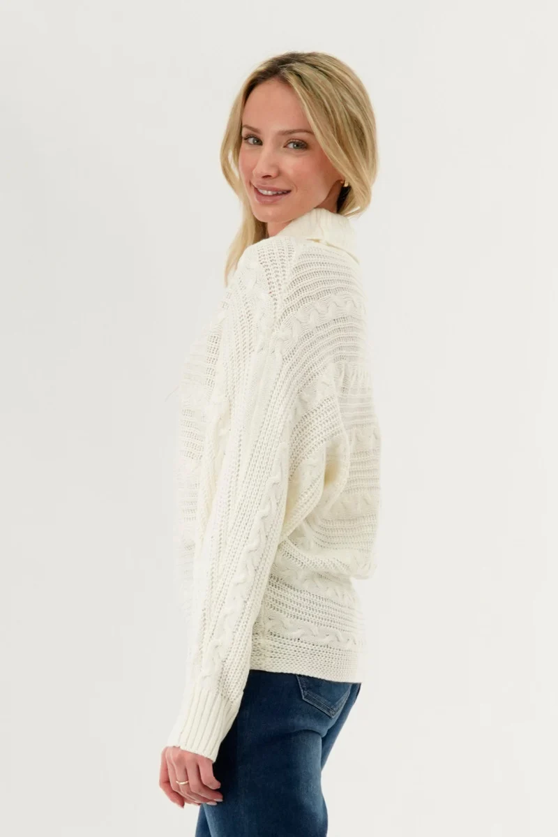 Cable Knit Mock Neck Pullover Sweater - White - Image 3
