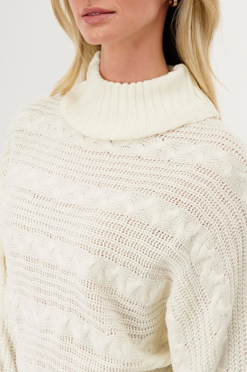 Cable Knit Mock Neck Pullover Sweater - White - Image 4