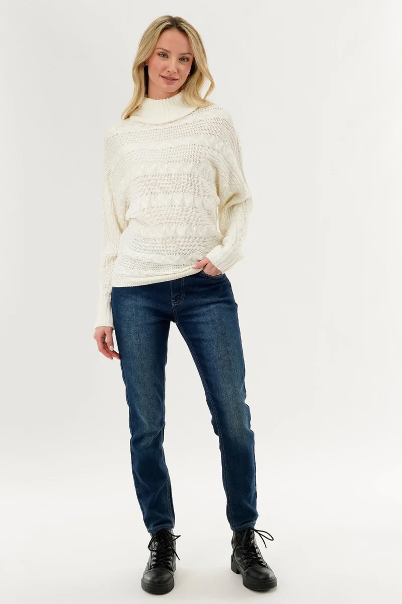 Cable Knit Mock Neck Pullover Sweater - White - Image 5