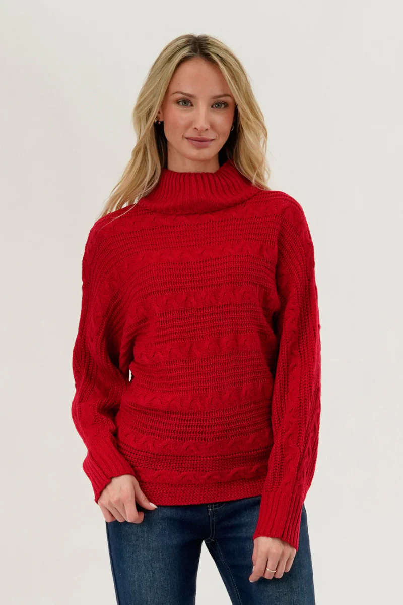 Cable Knit Mock Neck Pullover Sweater - Red