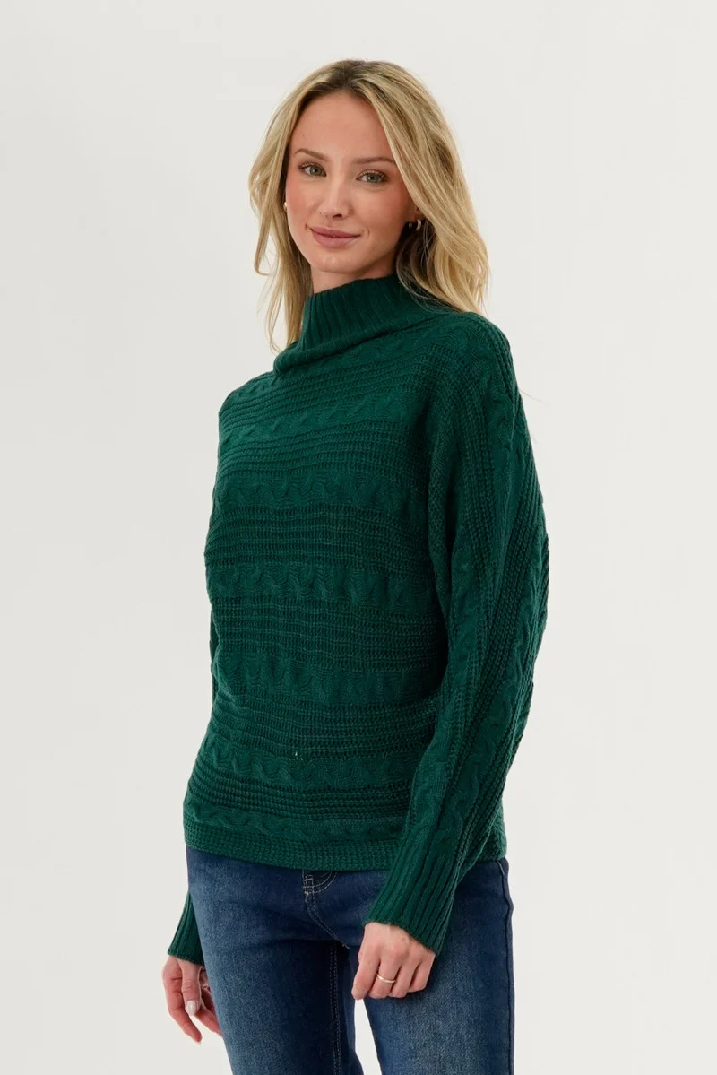 Cable Knit Mock Neck Pullover Sweater - Green - Image 2