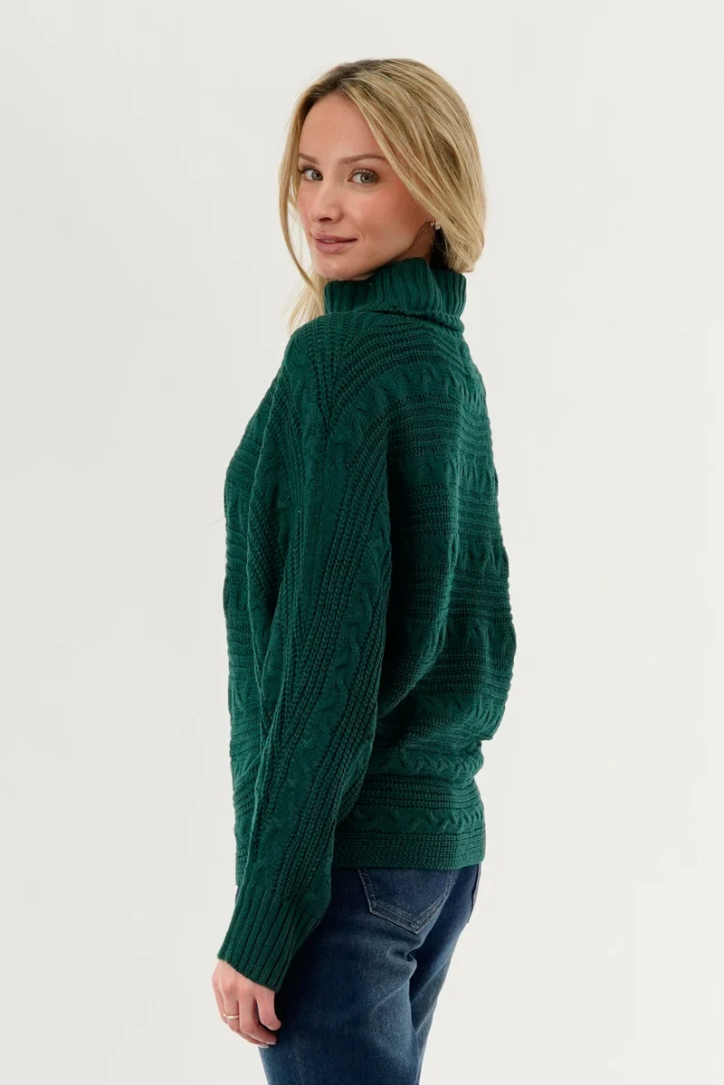 Cable Knit Mock Neck Pullover Sweater - Green - Image 3
