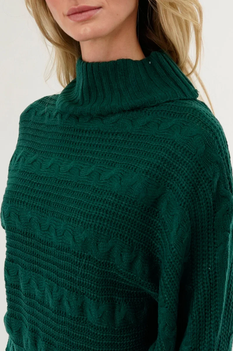 Cable Knit Mock Neck Pullover Sweater - Green - Image 4