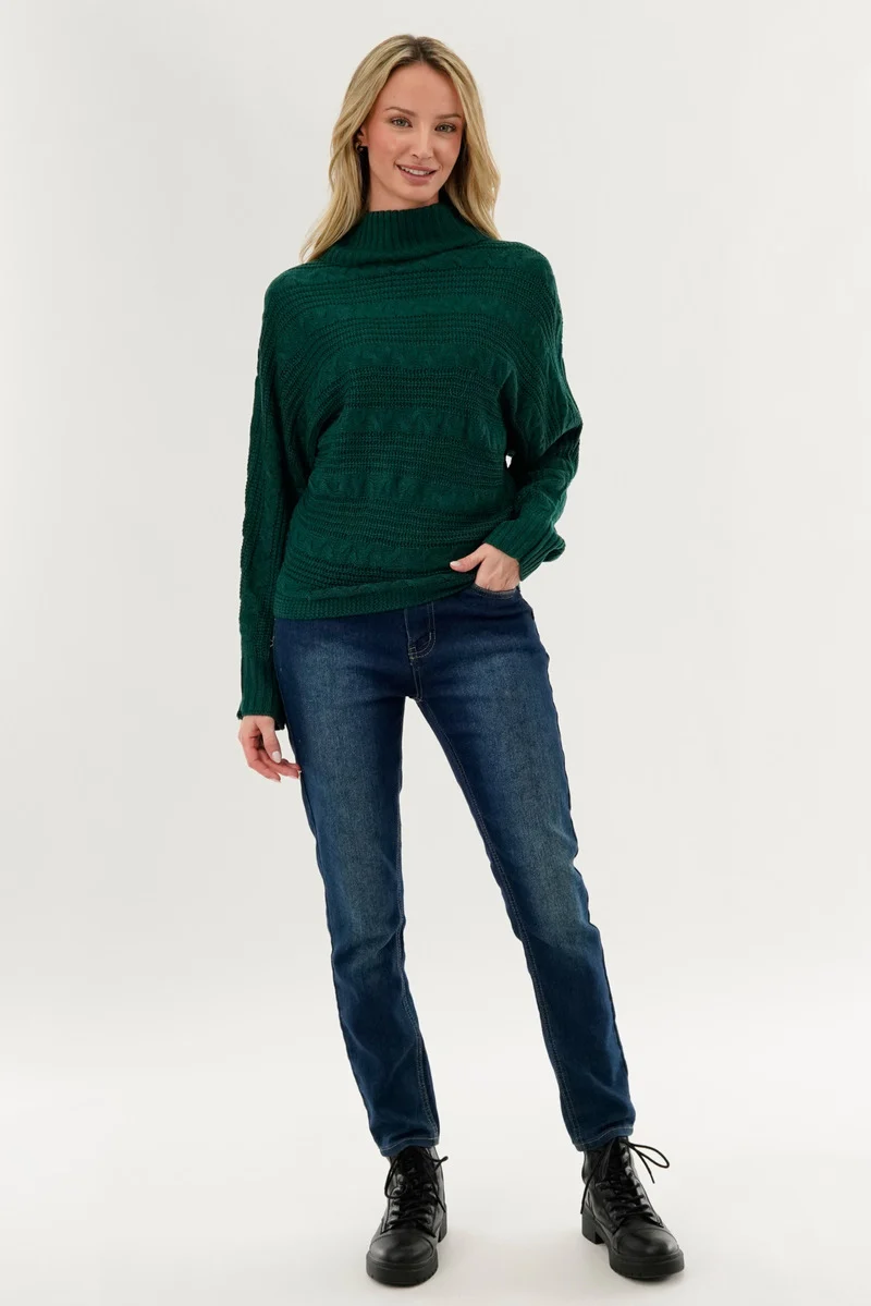 Cable Knit Mock Neck Pullover Sweater - Green - Image 5