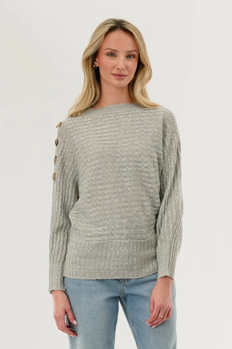 Ribbed Button Detail Pullover Sweater - Stone