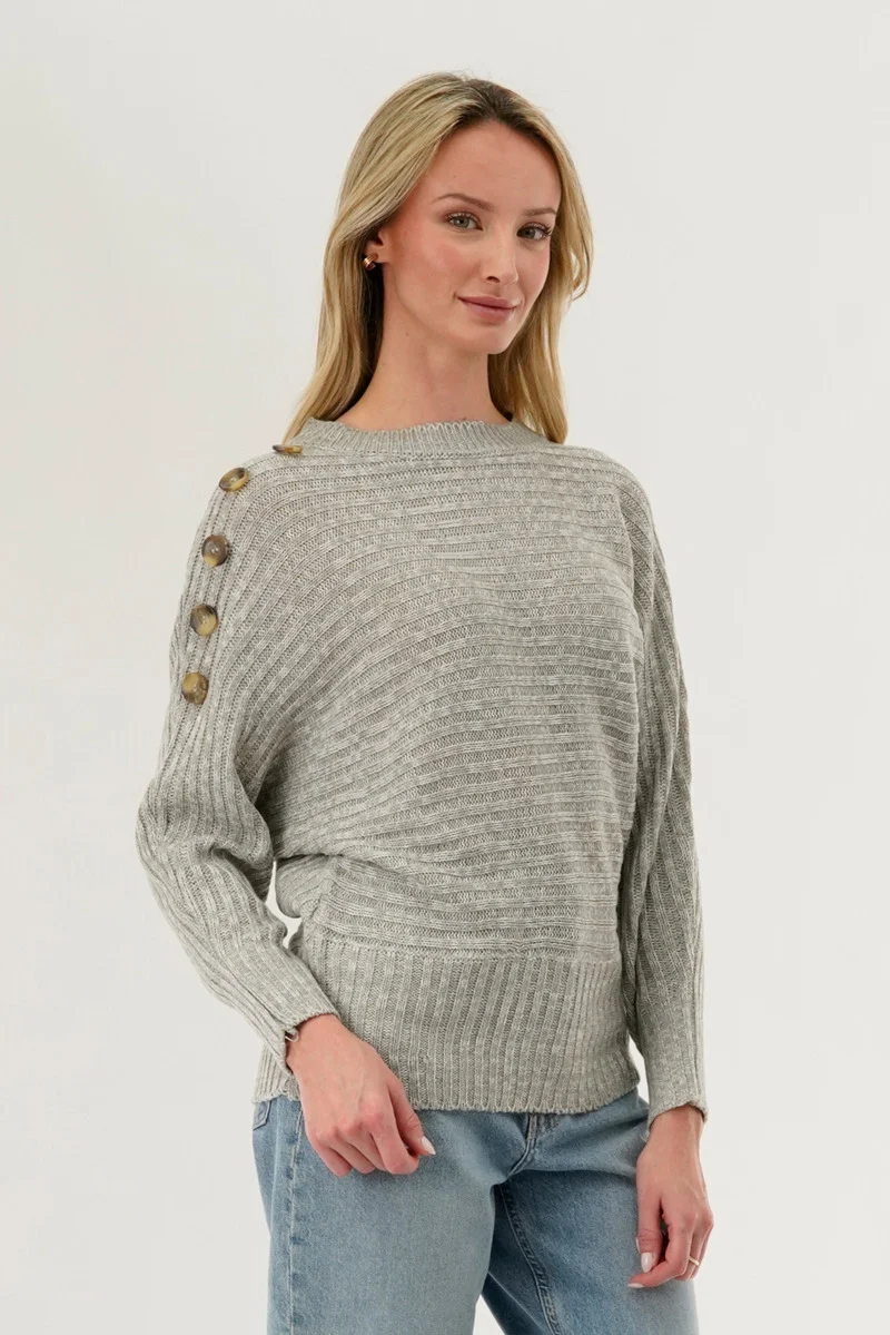 Ribbed Button Detail Pullover Sweater - Stone - Image 2