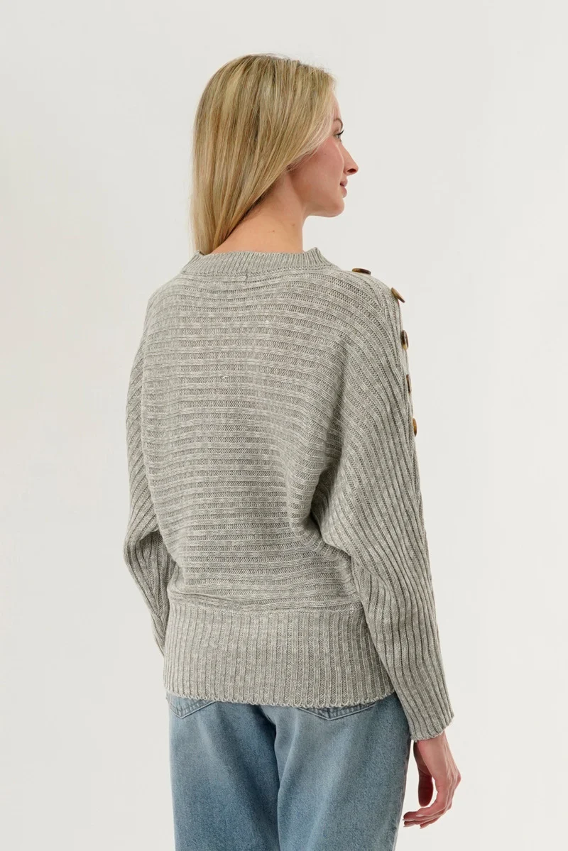 Ribbed Button Detail Pullover Sweater - Stone - Image 3