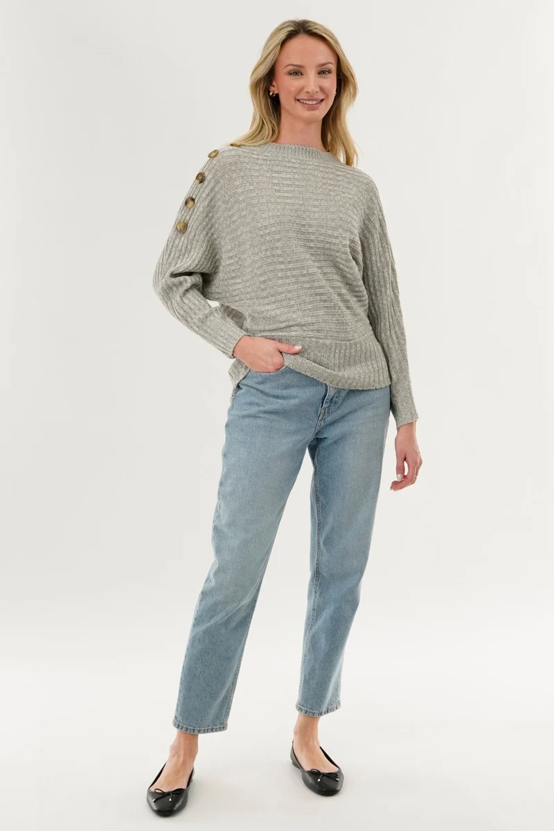 Ribbed Button Detail Pullover Sweater - Stone - Image 5
